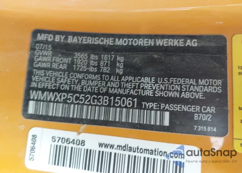 2016 Mini Hardtop Cooper z USA, uszkodzony, nr VIN WMWXP5C52G3B15061